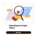 Person searching for project topics magnifying glass digital documents colorful elements website banner
