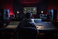 A person seated before a mixing desk working on music production and sound engineering., Music producer working in recording