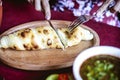 Person Cutting Food With Knife and Fork Royalty Free Stock Photo