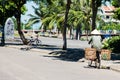 Person seen from his back moving on a bicycle wearing a conical hat and a carrying pole with vegetables. Empty street. Hue,