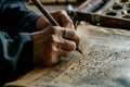 A person is seen in the photo, writing on a piece of paper with a pen, A calligrapher crafting intricate Arabic script, AI