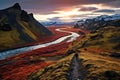 A person is seen walking along a path amidst the breathtaking mountains, Hiking trails through the vibrant landscapes of Iceland,
