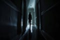 A person is seen walking down a dimly lit hallway, surrounded by darkness, Sinister shadowy figure standing at the end of a