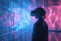 A person is seen wearing a virtual reality headset, engaging in a virtual experience, An immersive holographic technology