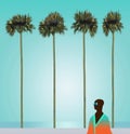 A person is seen on a white sand beach with very tall slender palm trees and the ocean in the background. This is an illustration