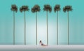 A person is seen on a white sand beach with very tall slender palm trees and the ocean in the background. This is an illustration