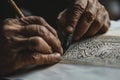 A person is seen writing on a book with a pen, focusing intently on the task at hand, A calligrapher crafting intricate Arabic