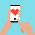 A person sending heart with smartphone Valentine`s day concept flat design