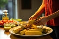 person serving plated grilled corn