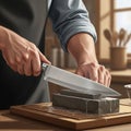 A person sharpens a kitchen knife using a whetstone on a wooden surface. The knife Royalty Free Stock Photo