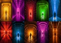 Person in shiny corridors with neon lights. A set of various vertical backgrounds for mobile phone