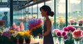 person in a shop. girl collecting flowers in a bouquet Royalty Free Stock Photo