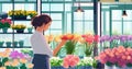 person in a shop. girl collecting flowers in a bouquet Royalty Free Stock Photo