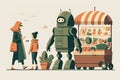 person, shopping at farmers market with android robot