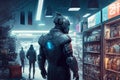 person, shopping for robot thief in high-tech store, with futuristic gadgets and devices on display