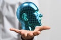 Person showing 3D rendering of AI smart brain artificial system network Royalty Free Stock Photo