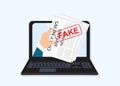 Person showing newspaper with FAKE NEWS from laptop screen on light background, vector illustration in flat style Royalty Free Stock Photo