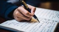 person signing a document, person writing on a notebook, close-up of bussinessman hand writing on a notebook with pen Royalty Free Stock Photo