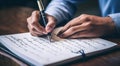 person signing a document, person writing on a notebook, close-up of bussinessman hand writing on a notebook with pen Royalty Free Stock Photo