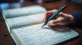 person signing a document, person writing on a notebook, close-up of bussinessman hand writing on a notebook with pen Royalty Free Stock Photo