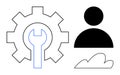 Person Silhouette with Gear, Wrench, and Cloud Representing Development and Cloud Solutions Royalty Free Stock Photo