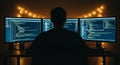 Programmer Silhouetted Against Multiple Computer Monitors Displaying Code in Dimly Lit Room coding screen Royalty Free Stock Photo