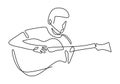 Person sing a song with acoustic guitar. Young happy male guitarist. Musician artist performance concept single line draw design