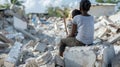 A person sits atop a piece of rubble body shielding a child huddled behind them as they survey the destruction of former