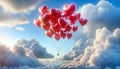 A person sits on a box floating in the air hanging with red heart shaped red balloons, blue sky background, coy space for text or Royalty Free Stock Photo