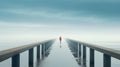 Mind-bending Sculptures: A Man With Red Cloak Walking Down Pier In Fog Royalty Free Stock Photo