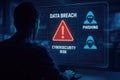Person at computer analyzing cybersecurity risks and data breach on digital display screen Royalty Free Stock Photo
