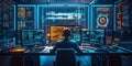 A person sits at a desk with multiple computer screens displaying complex data and graphs Royalty Free Stock Photo