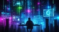 Intense coder working late in futuristic neon city, analyzing data streams for insights Royalty Free Stock Photo