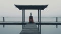 Surreal Cinematic Minimalistic Shot: Asian Woman On Pier In Traditional Japanese Art Style