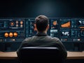 person sits in front of multiple screens displaying data and visual analysis. Royalty Free Stock Photo