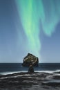 person sitting on beach under green aurora bored sky near a body of water