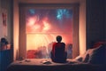 Person sitting on bed looking out window at amazing firework display