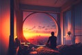 Person sitting on bed looking out window at amazing sunrise sunset Royalty Free Stock Photo