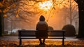 a person sitting on a bench in the middle of a park at sunset Royalty Free Stock Photo