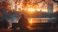 A person sitting on a bench overlooking the water at sunset, AI
