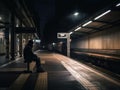 A person sitting on a bench at a train station. AI generative image.