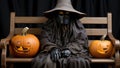 A person sitting on a bench with two carved pumpkins. Generative AI image. Royalty Free Stock Photo