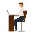 Person sitting in chair behind desk properly and working on laptop