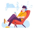 Person sitting in chair and listening relaxing music in headphones Royalty Free Stock Photo