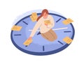 Person sitting on clocks, organizing time, planning tasks and scheduling. Concept of effective self-organization and