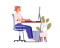 Person sitting at computer desk. Woman with correct back posture on chair, working at desktop, table. Girl at good