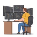 A person is sitting at a desk in front of multiple computer monitors displaying code, Royalty Free Stock Photo