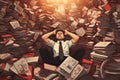 A person sitting in front of a pile of tax documents, holding their head in frustration, representing the stress and overwhelm of