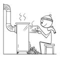 Person Sitting in Front of Small Wood Stove or Heater, Vector Cartoon Stick Figure Illustration