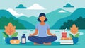 A person sitting by a lake meditating and surrounded by books journals and a water bottle. The image conveys the Royalty Free Stock Photo